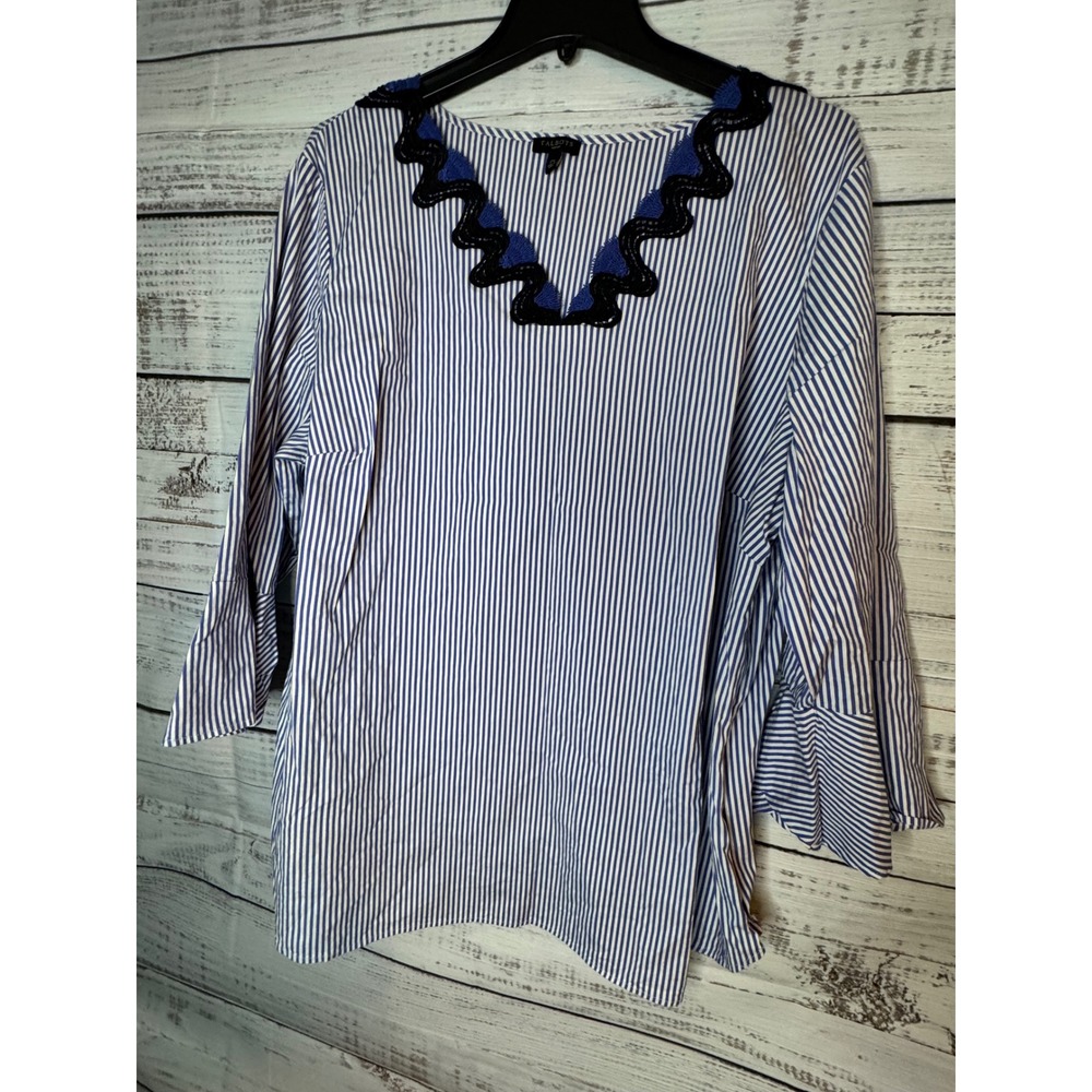 Talbots Woman Blue White Striped Embroidered V-Neck Bell Sleeve Blouse 2X